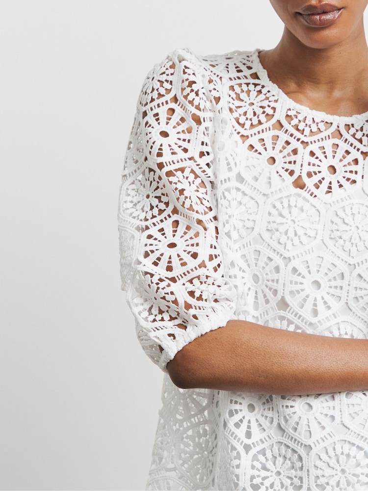 Joanna Hope Crochet Puff Sleeve White Blouse - Image 4 of 4