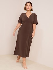 Friends Like These Chocolate Brown Curve V-Neck ITY Flutter Sleeve Midi Dress - Image 1 of 4