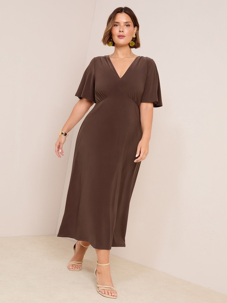 Friends Like These Chocolate Brown Curve V-Neck ITY Flutter Sleeve Midi Dress - Image 1 of 4