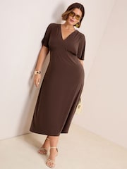 Friends Like These Chocolate Brown Curve V-Neck ITY Flutter Sleeve Midi Dress - Image 3 of 4