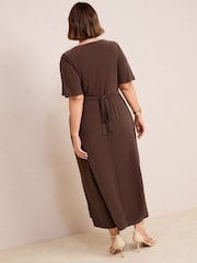 Friends Like These Chocolate Brown Curve V-Neck ITY Flutter Sleeve Midi Dress - Image 4 of 4
