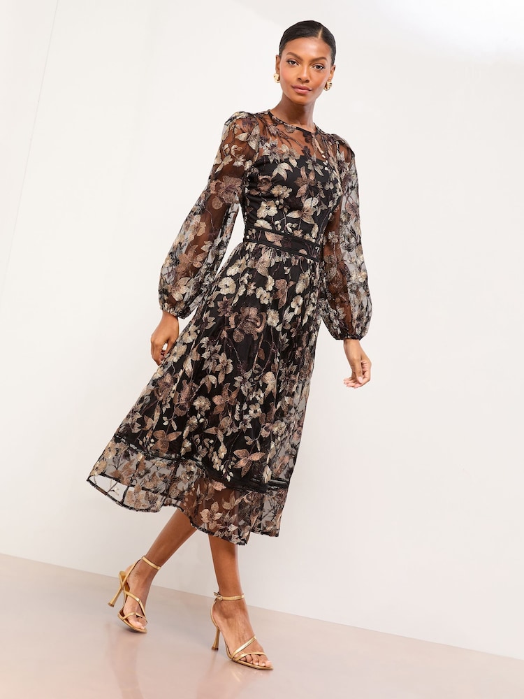 Lipsy Black Premium Long Sleeve Embroidered Floral Print Prom Midi Dress - Image 1 of 4