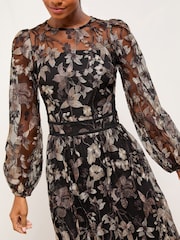 Lipsy Black Premium Long Sleeve Embroidered Floral Print Prom Midi Dress - Image 2 of 4