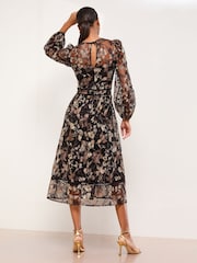 Lipsy Black Premium Long Sleeve Embroidered Floral Print Prom Midi Dress - Image 3 of 4