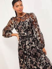 Lipsy Black Premium Long Sleeve Embroidered Floral Print Prom Midi Dress - Image 4 of 4