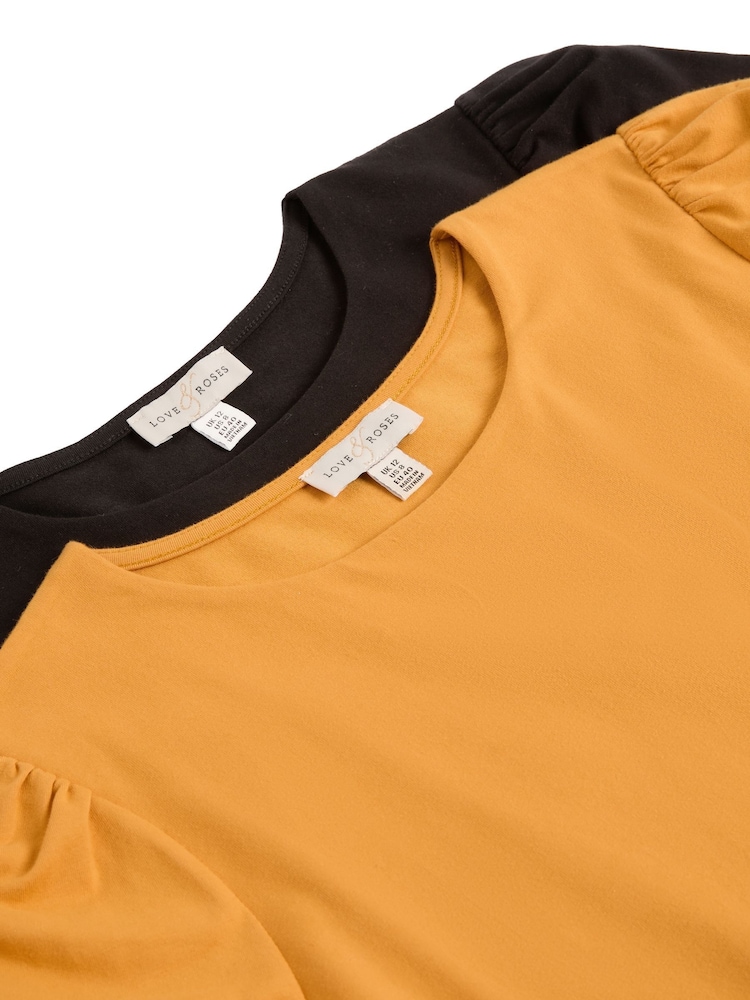 Love & Roses Black and Mustard Yellow Puff Shoulder Long Shoulder Jersey Top - Image 7 of 7