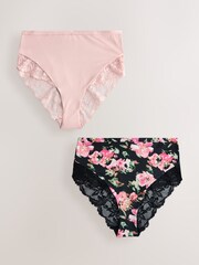 Black Floral/Pink High Rise High Leg Microfibre & Lace Knickers 2 Pack - Image 1 of 9
