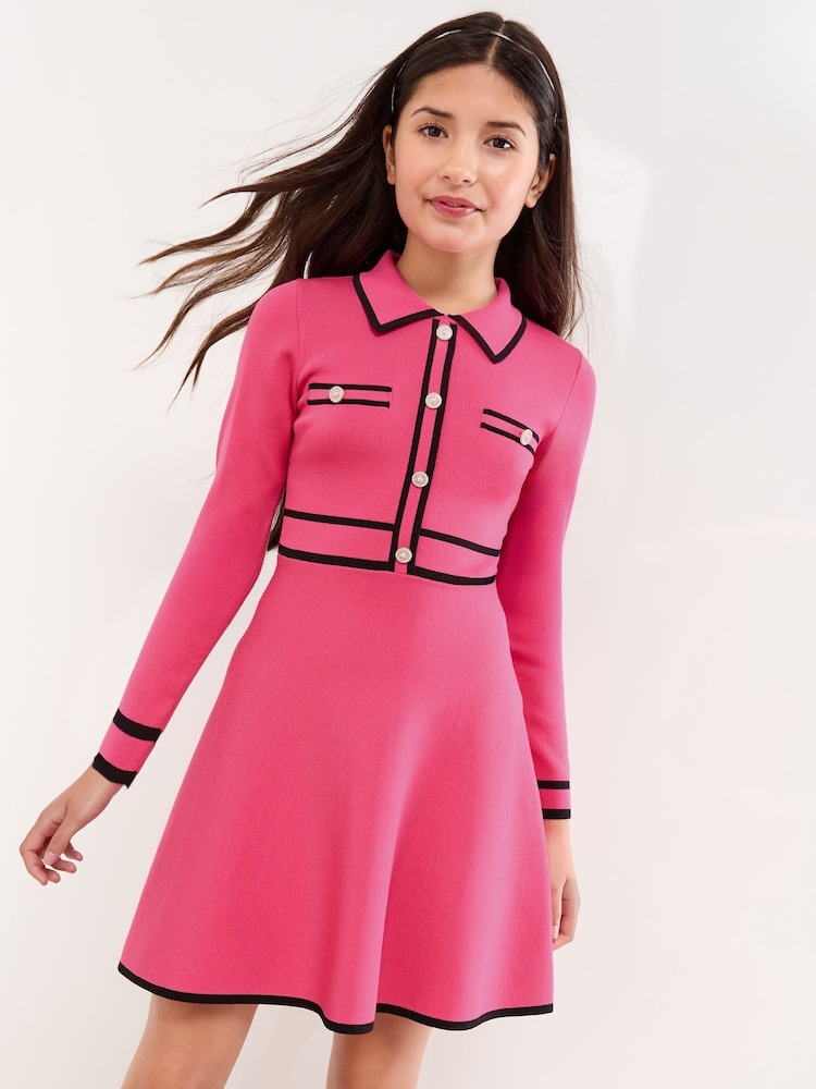 Lipsy Pink/Black Long Sleeve Knitted Shirt Dress (5-16yrs) - Image 2 of 5