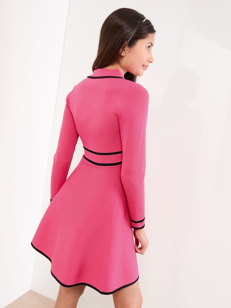 Lipsy Pink/Black Long Sleeve Knitted Shirt Dress (5-16yrs) - Image 5 of 5