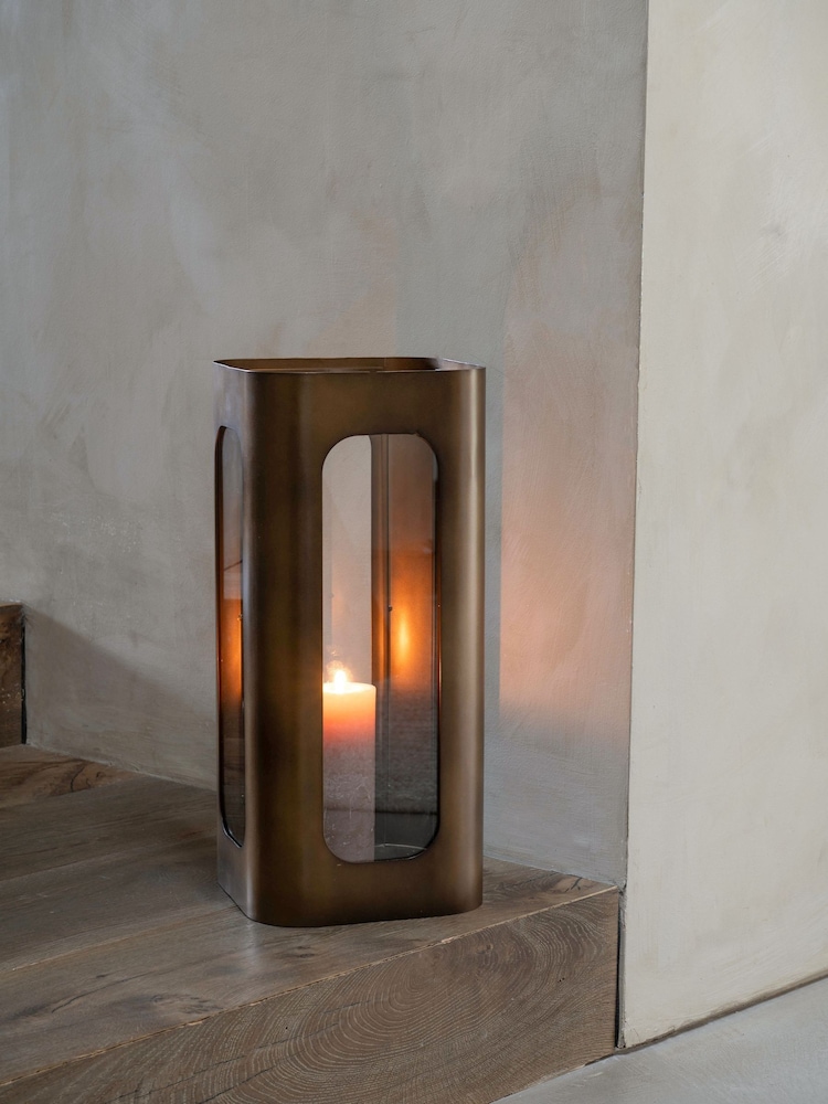 Libra Interiors Smoked Gold Clear Glass Thorpe Metal and Glass Hurricane - Image 1 of 6