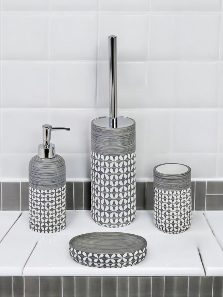 Showerdrape 4 Piece Grey Ravello Geo Floral Bathroom Accessory Set - Image 1 of 6