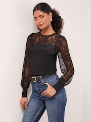 Lipsy Black Flower Lace Yoke Detail Knit Ribbed Jumper - Image 3 of 4