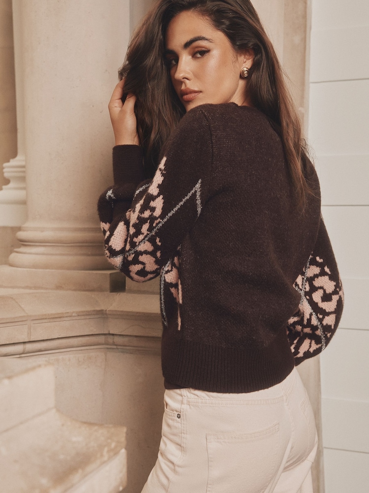 Lipsy Brown Argyle Leopard Print Crew Neck Knitted Jumper - Image 4 of 4 Lipsy Brown Argyle Leopard Print Crew Neck Knitted Jumper - Image 4 of 4