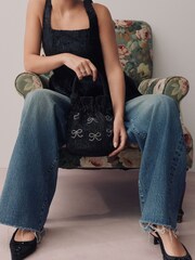 Black Sparkle Bow Embellished Bucket Bag - Image 1 of 6