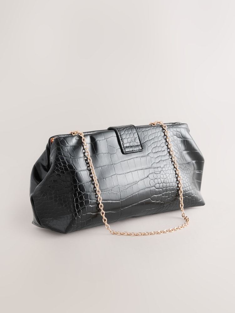 Black PU Croc Clutch Bag - Image 2 of 5 Black PU Croc Clutch Bag - Image 2 of 5
