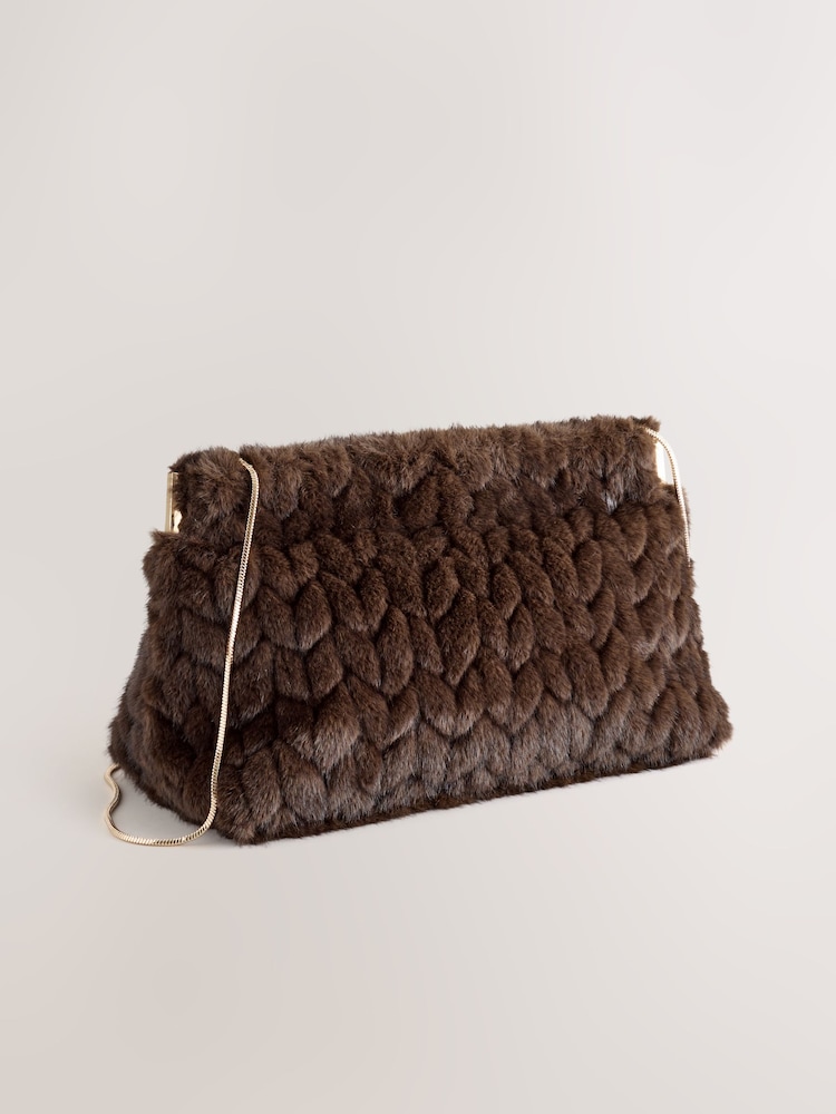 Chocolate Brown Fur Panel Clutch Bag - Image 1 of 6 Chocolate Brown Fur Panel Clutch Bag - Image 1 of 6