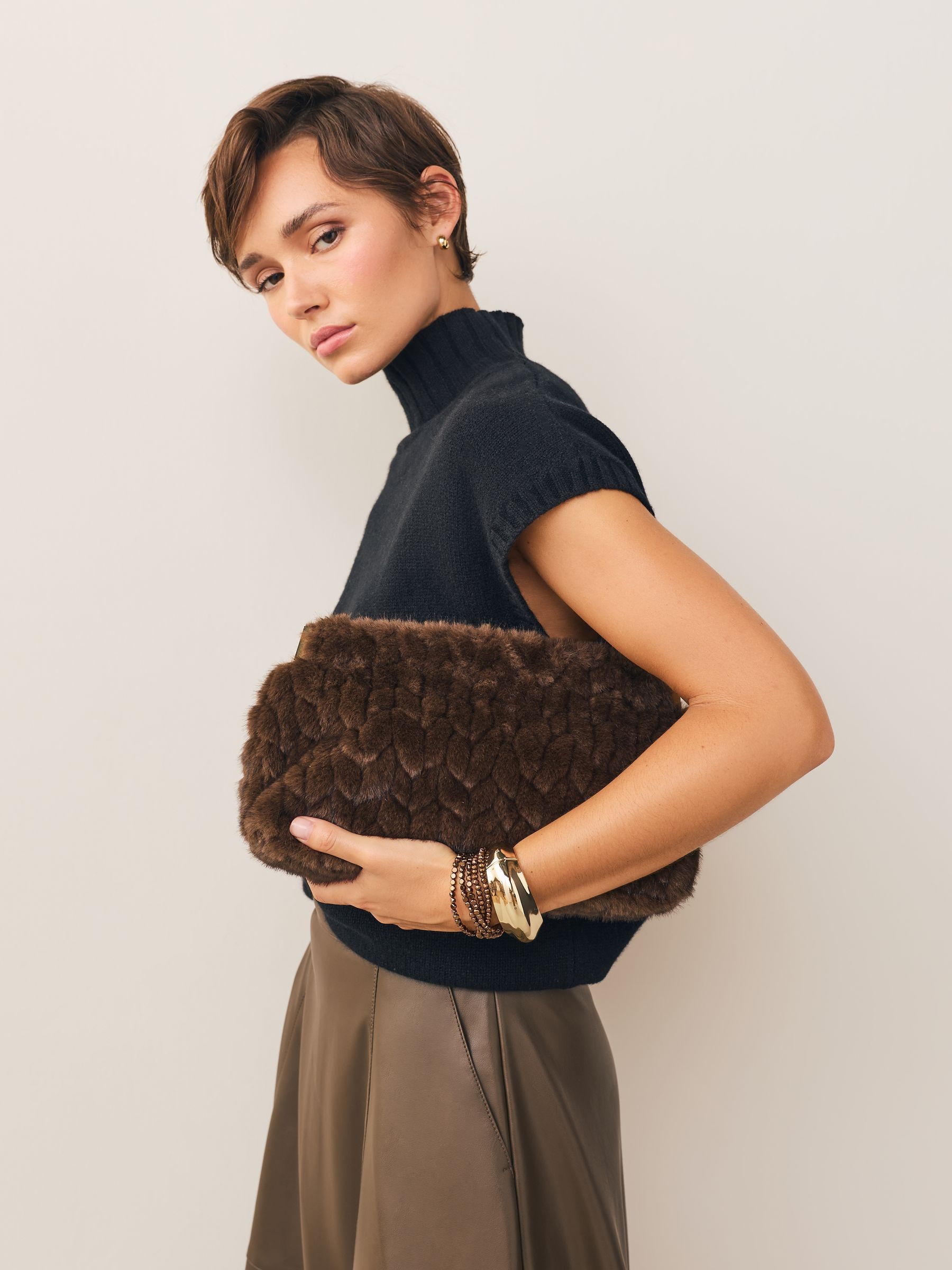 ゴンハナ Buy Chocolate Brown Fur Panel Clutch Bag from Next USA