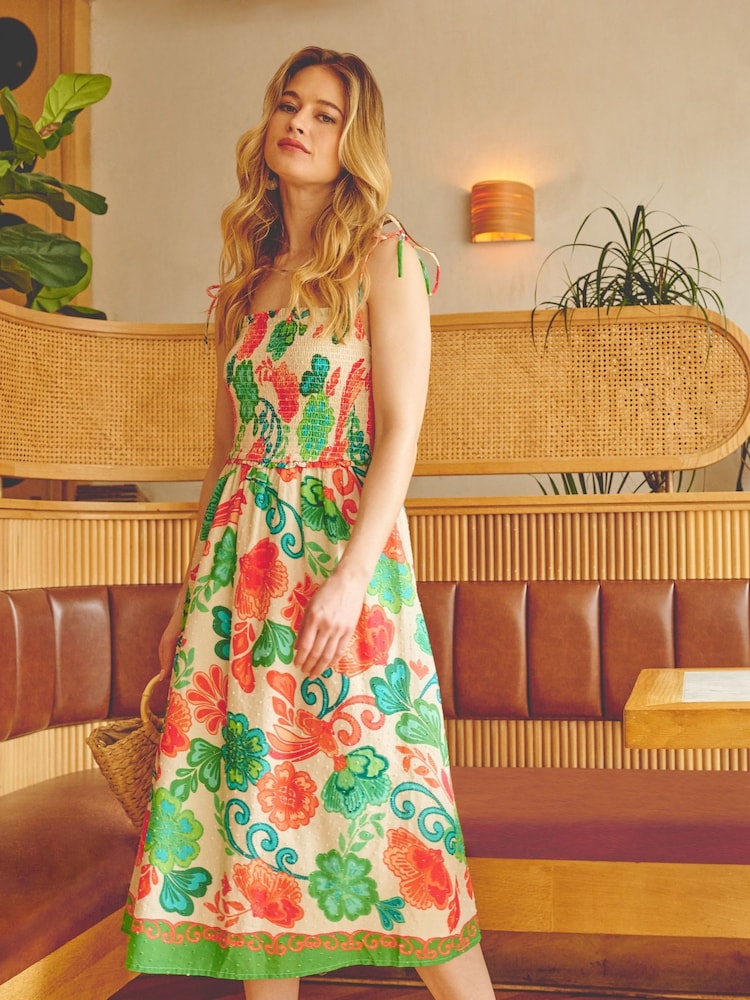 Adrianna By Adrianna Papell Smocked Printed Placement GreenDress - Image 1 of 7