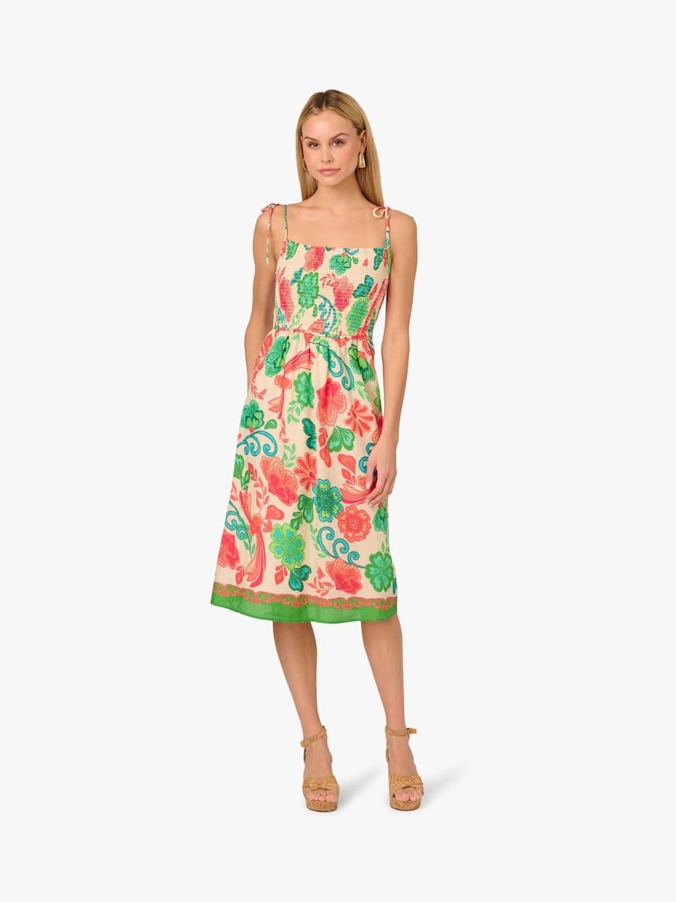 Adrianna By Adrianna Papell Smocked Printed Placement GreenDress - Image 2 of 7