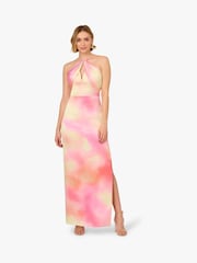 Adrianna By Adrianna Papell Pink Printed Sateen Long Dress - Image 1 of 6