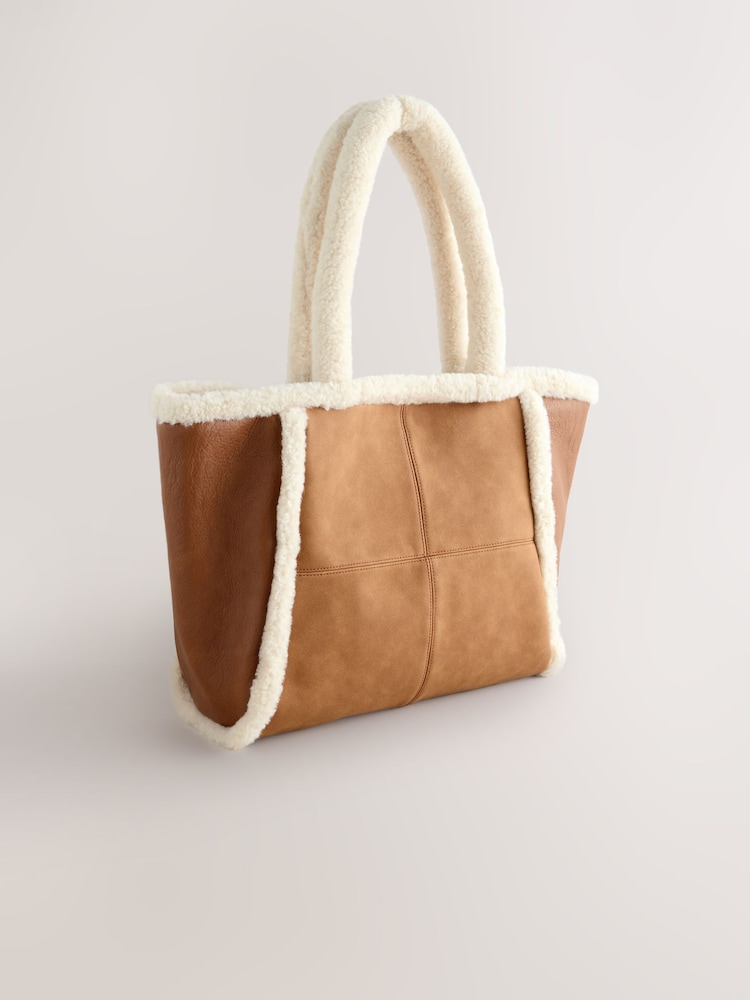 Tan Brown PU Borg Tote Bag - Image 2 of 5
