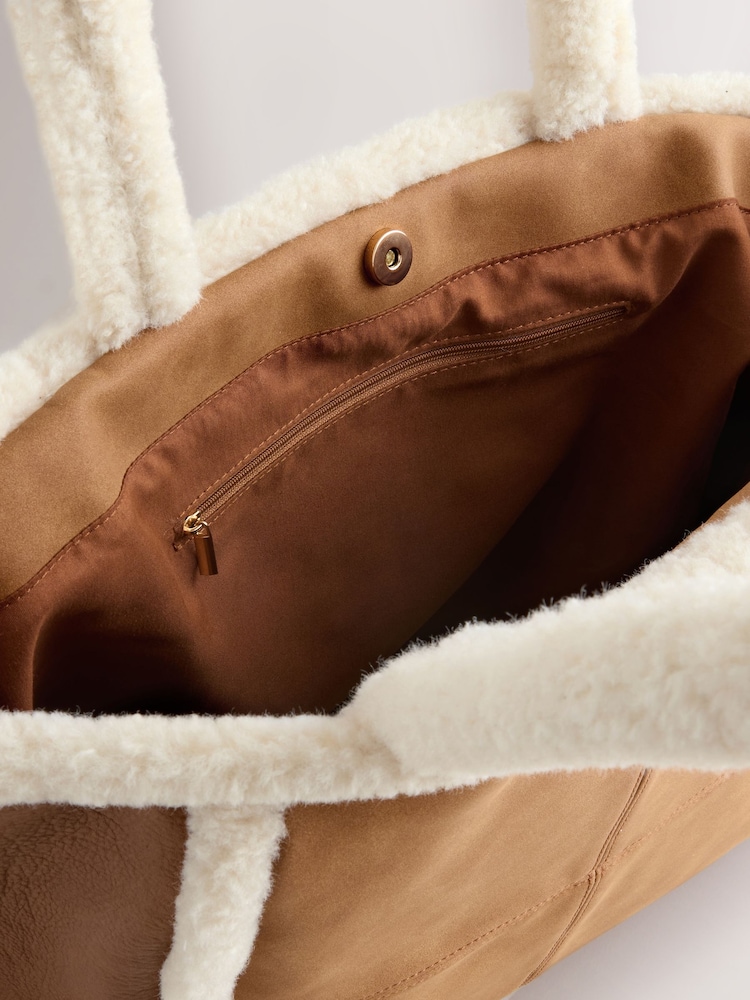 Tan Brown PU Borg Tote Bag - Image 5 of 5