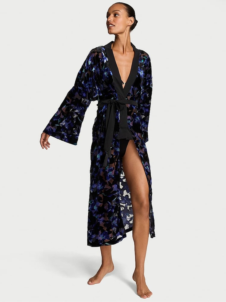 Victoria's Secret Electric Blue Orchid Burnout Velvet Long Robe - Image 1 of 3