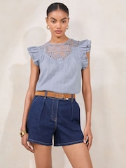 Lipsy Blue Embroidered Flutter Sleeve Shell Top - Image 1 of 4