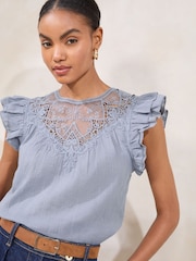 Lipsy Blue Embroidered Flutter Sleeve Shell Top - Image 2 of 4