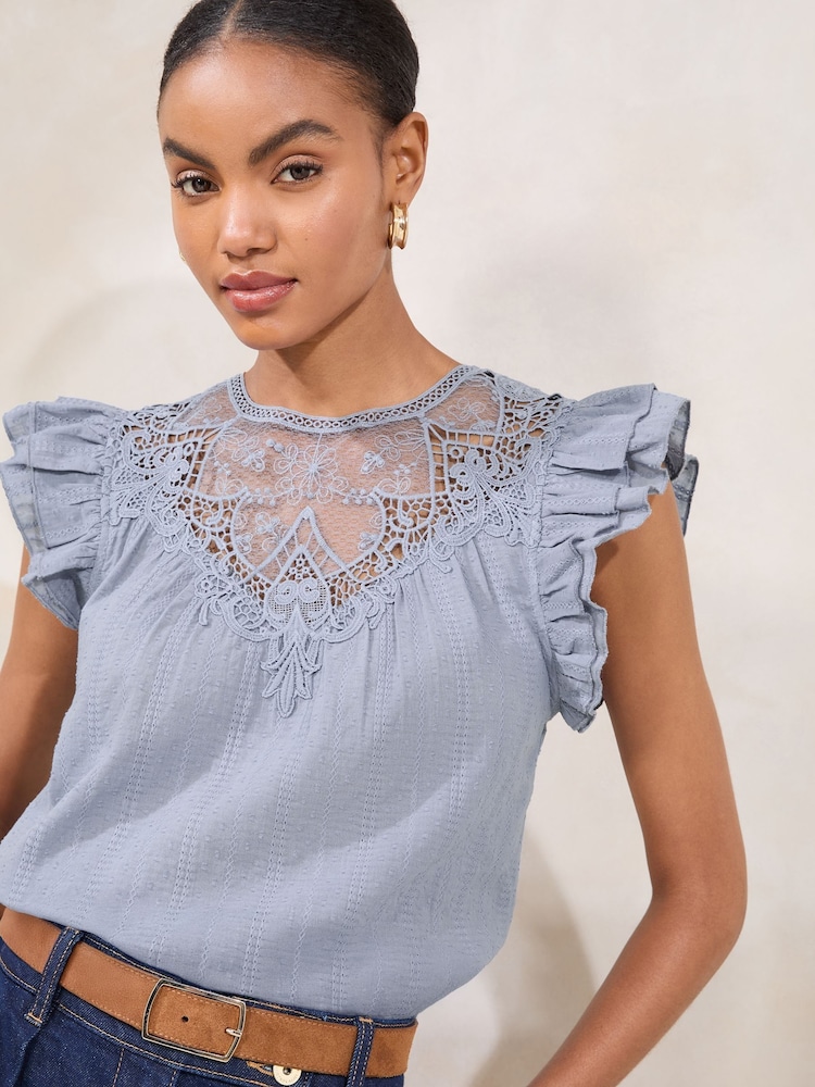 Lipsy Blue Embroidered Flutter Sleeve Shell Top - Image 2 of 4