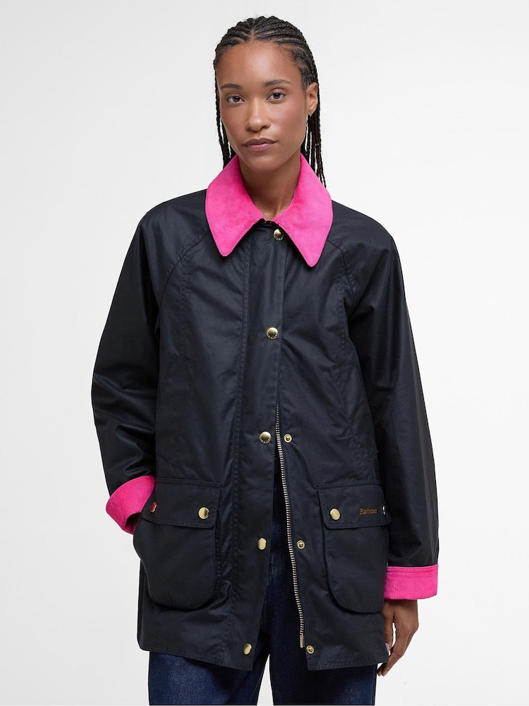 Barbour® Navy/Pink Modern Beadnell Wax Jacket - Image 1 of 7 Barbour® Navy/Pink Modern Beadnell Wax Jacket - Image 1 of 7