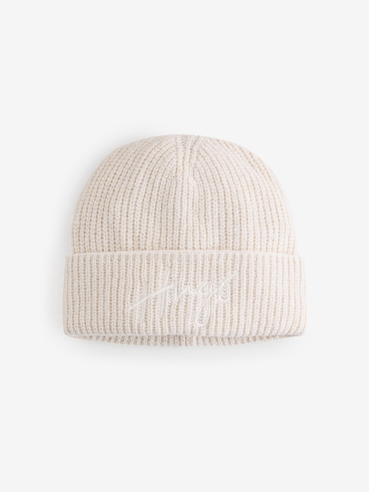 HUGO White Script Logo Knitted Beanie Hat - Image 1 of 1