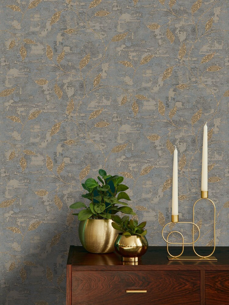 Graham & Brown Steel Gold Boutique Ornamental Leaf A4 Wallpaper Sample - Image 1 of 3