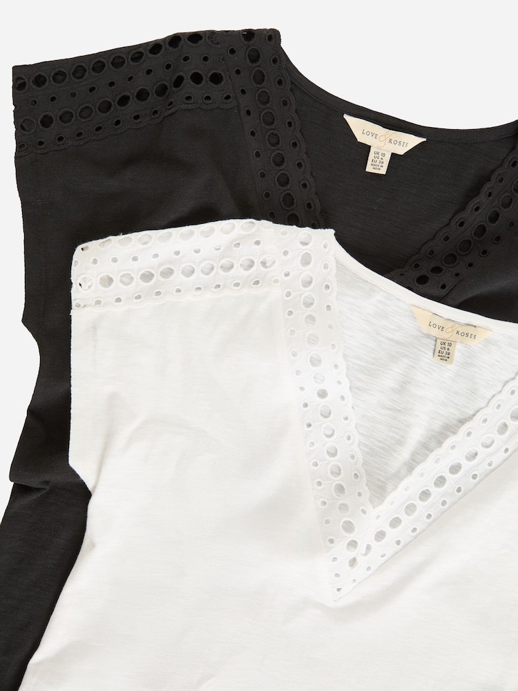 Love & Roses X2 Black and Ivory Lace Trim T-Shirts 2 Pack - Image 2 of 7