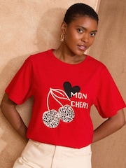 Love & Roses Red Animal Print Cherry Embroidered Crew Neck T-Shirt - Image 1 of 4