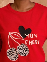 Love & Roses Red Animal Print Cherry Embroidered Crew Neck T-Shirt - Image 2 of 4
