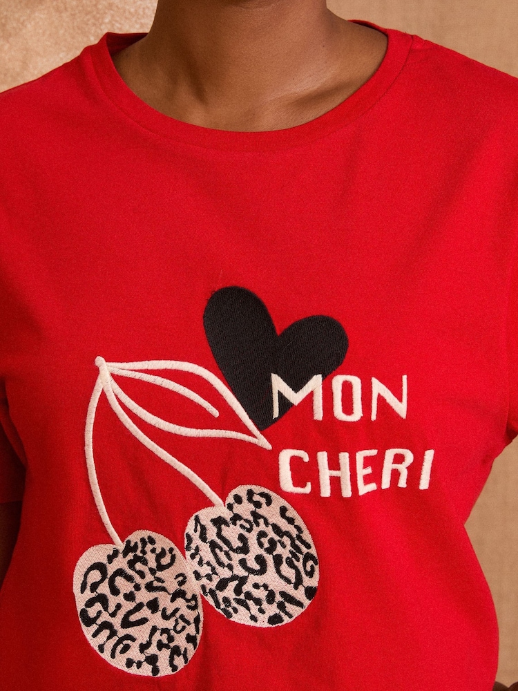 Love & Roses Red Animal Print Cherry Embroidered Crew Neck T-Shirt - Image 2 of 4