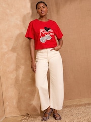 Love & Roses Red Animal Print Cherry Embroidered Crew Neck T-Shirt - Image 3 of 4