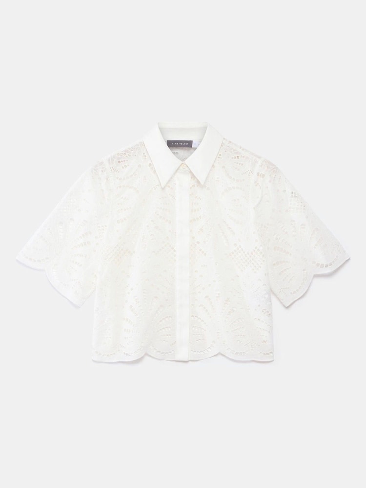 Mint Velvet White Broderie Cropped Shirt - Image 2 of 8