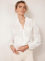 Mint Velvet White Floral Sequin 100% Cotton Blouse - Image 4 of 8