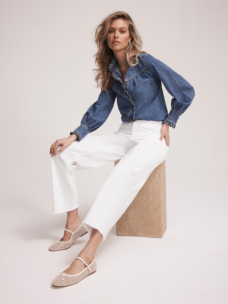 Mint Velvet Blue Ruffle Denim 100% Cotton Blouse - Image 1 of 7