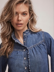 Mint Velvet Blue Ruffle Denim 100% Cotton Blouse - Image 5 of 7