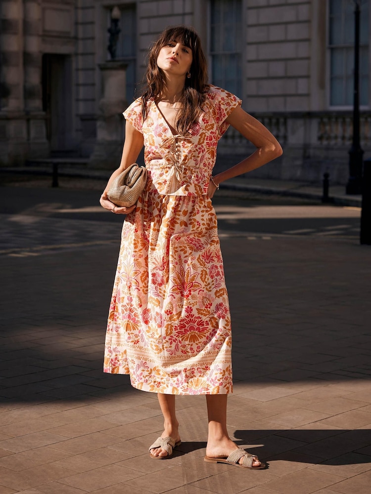 Mint Velvet Pink Floral Print 100% Cotton Midi Skirt - Image 2 of 8