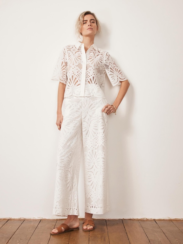 Mint Velvet White Broderie Wide 100% Cotton Trousers - Image 1 of 7