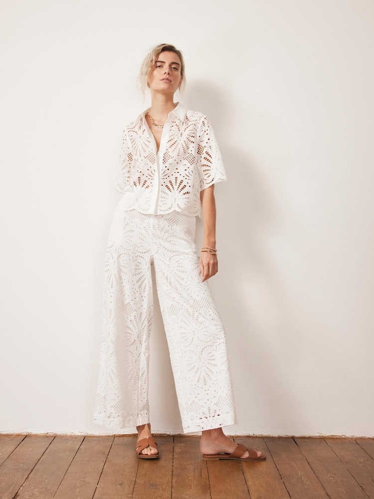 Mint Velvet White Broderie Wide 100% Cotton Trousers - Image 2 of 7