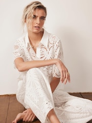 Mint Velvet White Broderie Wide 100% Cotton Trousers - Image 3 of 7