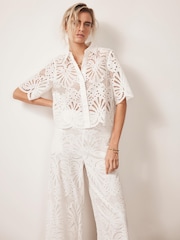 Mint Velvet White Broderie Wide 100% Cotton Trousers - Image 5 of 7