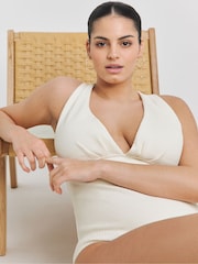 Simply Be White Textured Cross Back Plunge Swimsuit - Image 2 of 5
