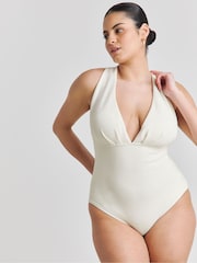 Simply Be White Textured Cross Back Plunge Swimsuit - Image 3 of 5
