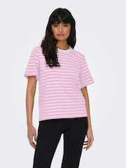 ONLY Pink Short Sleeve Stripe 100% Cotton T-Shirt - Image 1 of 4